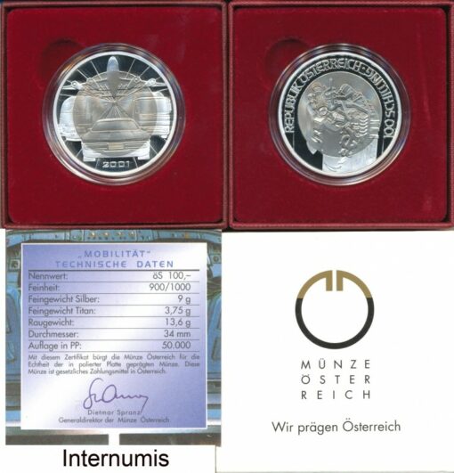 100 Schilling 2001, **Mobilität**, (KM.3073) Erh. PP, im Original Etui, Zertifikat,Banderole,