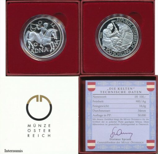 100 Schilling 2000, **Die Kelten**,  Erh. PP, im Original Etui, Zertifikat,Banderole,