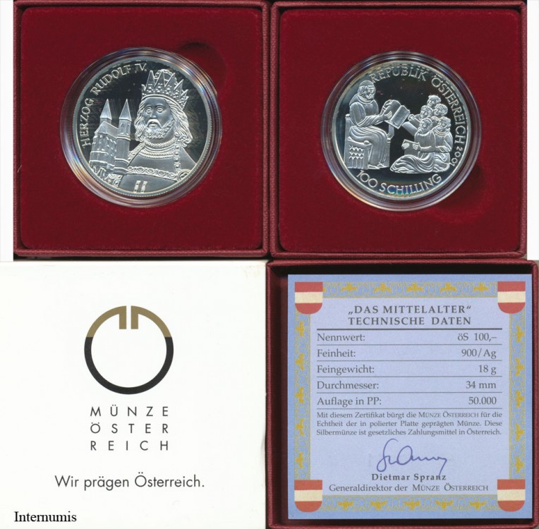 100 Schilling 2001, **Mittelalter**, Erh. PP, im Original Etui, Zertifikat,Banderole,