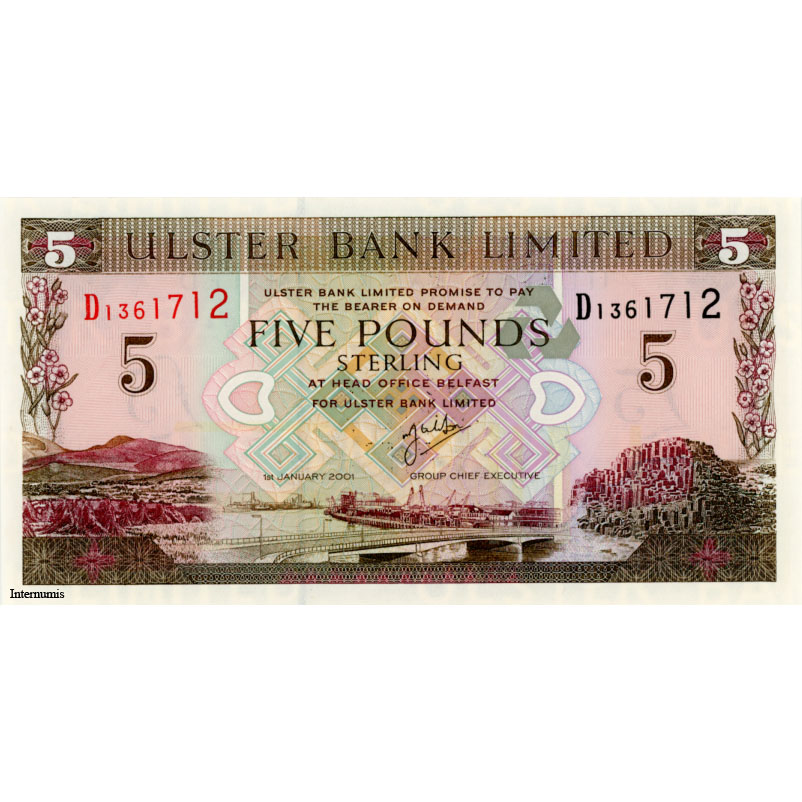 Nord Irland - 5 Pounds 1.1.2001, Ulster Bank , (P.335c) Erh. UNC