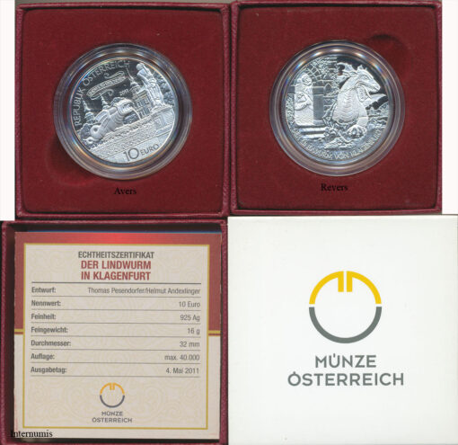 10 Euro 2011, **Lindwurm in Klagenfurt**, (ANK.19 /  KM.3197) Erh. PP, im Original Etui, Zertifikat,Banderole,