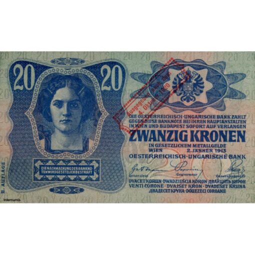 Österr.-Ungarische Bank - 20 Kronen 1914, II.Auflage, Aufdruck : Ausgegeben nach dem 4.Okt.1920 , (KK.155/P.45/ANK 189) Erh. I-