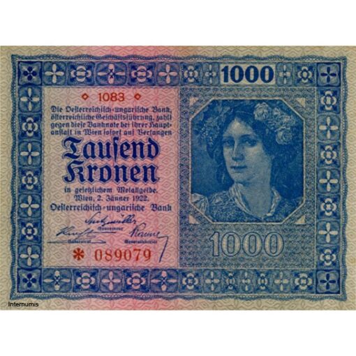 Österr.- Ungarische Bank - 1000 Kronen 1922, Vs.Frauenkopf, Rs.Ornamente, (KK.170a/ANK 204/P.78a) Erh. II