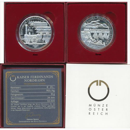 20 Euro 2007, **Kaiser-Ferdinands-Nordbahn** , (AMK 11) Erh. PP, im Etui mit nummeriertem Zertifikat und Schuber,