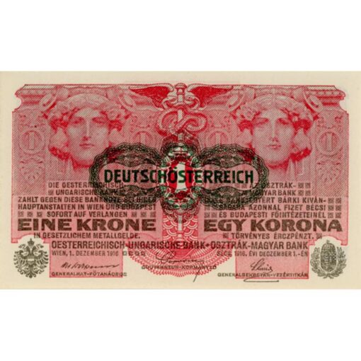 Österreichisch-ungarische Bank - 1 Krone 1916 (1919),mit grünen DEUTSCHÖSTERREICH Sempel, (KK.133/ANK169/P.49) Erh. I