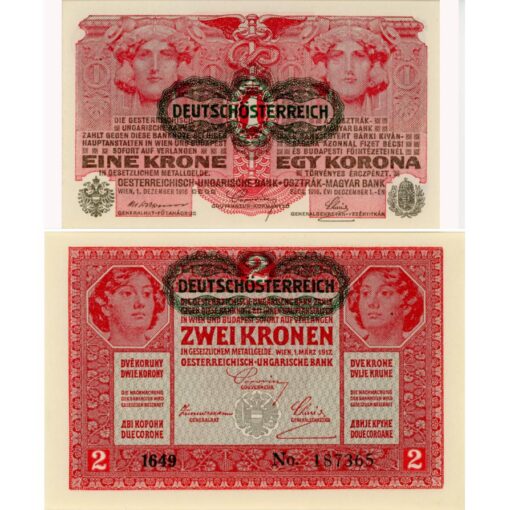 Österreichisch-ungarische Bank - 1 u.2 Kronen 1916,1917 (1919),mit grünen DEUTSCHÖSTERREICH Sempel, 2 Banknoten, (KK.133/KK 134) Erh. I