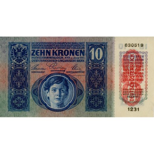 Österreichisch-ungarische Bank - 10 Kronen  1915, mit roten DEUTSCHÖSTERREICH - Stempel,Tiefdruck , (KK.135a/ANK171/P.51) Erh. I