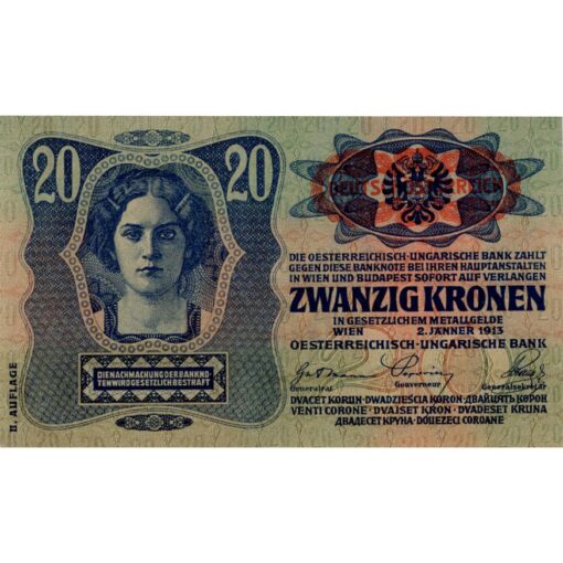 Österreichisch-ungarische Bank - 20 Kronen 1913, II. Auflage mit roten DEUTSCHÖSTERREICH - Stempel, waagrecht auf dem Wappen, (KK.137a / ANK 173c / P.53a) Erh. II+