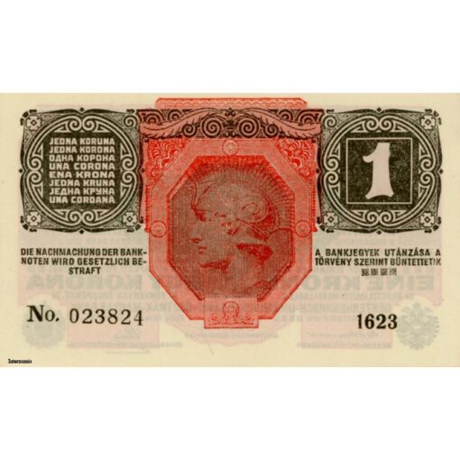 Österreichisch-ungarische Bank - 1 Krone 1916 (1919),mit grünen DEUTSCHÖSTERREICH Sempel, (KK.133/ANK169/P.49) Erh. I- – Bild 2