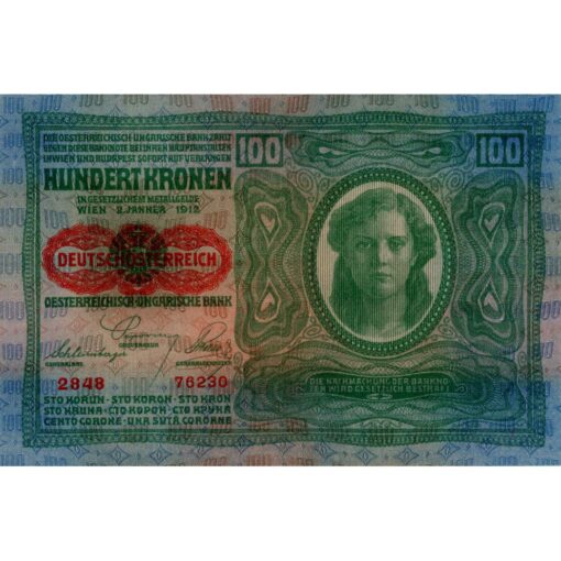 Österreichisch-ungarische Bank - 100 Kronen 1912 ,mit roten DEUTSCHÖSTERREICH - Aufdruck, Papier dick, (KK.144a / P.56a) Erh. II+