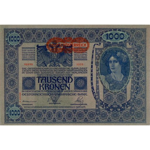 1000 Kronen 2.1.1902,(1919), II. Auflage, Udr.rosa, Aufdruck waagrecht:mit orangen DEUTSCHÖSTERREICH - Stempel, (KK.148c / ANK 181a / P.61) Erh. I-