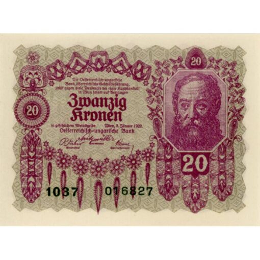 Österr.- Ungarische Bank - 20 Kronen 1922, Vs.Männerkopf, Rs.Ornamente, (KK.168/ANK202/P.76) Erh. I