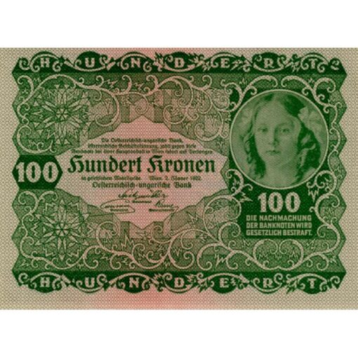 Österr.- Ungarische Bank - 100 Kronen 1922, Vs.Prinzessin Rohan, Rs.Ornamente, (KK.169/ANK 202/P.77) Erh. I