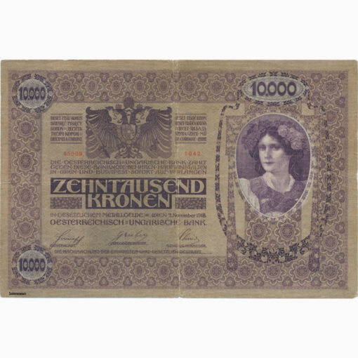 10.000 Kronen 1918 , Aufdruck : Deutsch Österreich in Orange , Stempel senkrecht , P.beige , (KK.146b / ANK 182 / P. 64) Erh. IV – Bild 2