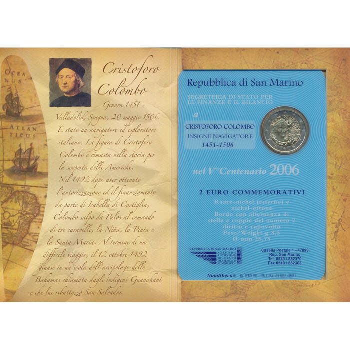 San Marino - 2 Euro 2006, **500 Jahre Christoph Kolumbus**, (ANK.20) Erh. Blister