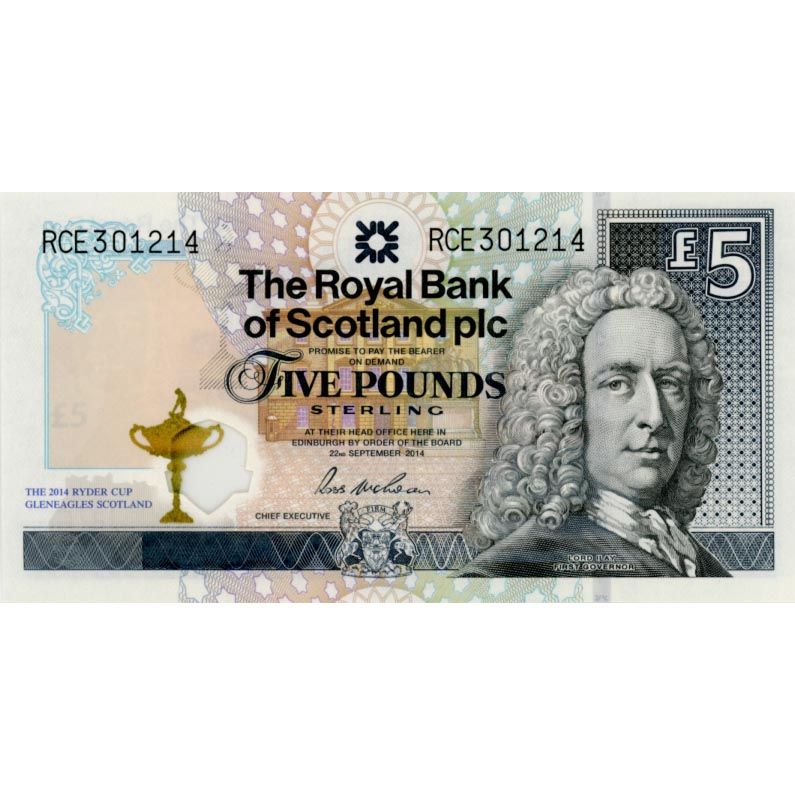 Schottland - 5 Pounds 2014 ,Ryder Cup,The Royal Bank of Scotland , (P.369) Erh. UNC