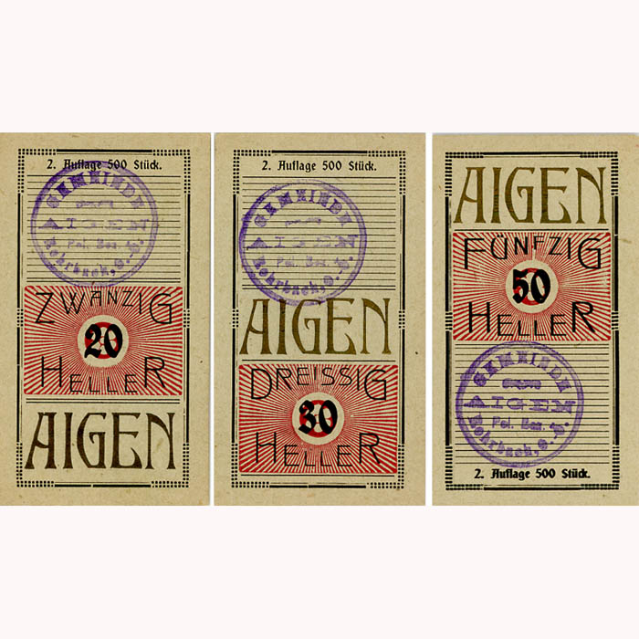 Aigen/OÖ - 20,30,50 Heller o.D.(1920), 2. Auflage - 500 Stück mit Gmstpl.u.KN., (KKN.S12)II)a) Erh. I – Bild 2