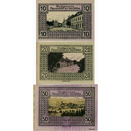 Neumarkt a.d. Ybbs(NÖ) - 10,20,50 Heller 1920, mit Verlängerungsaufdruck schräg in grün, (KKN.S663)II)h) Erh. I – Bild 2
