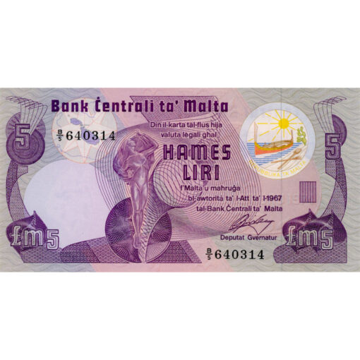 Malta - 5 Liri L.1967, ohne Blindenpunkte, (P.35a) Erh. AU