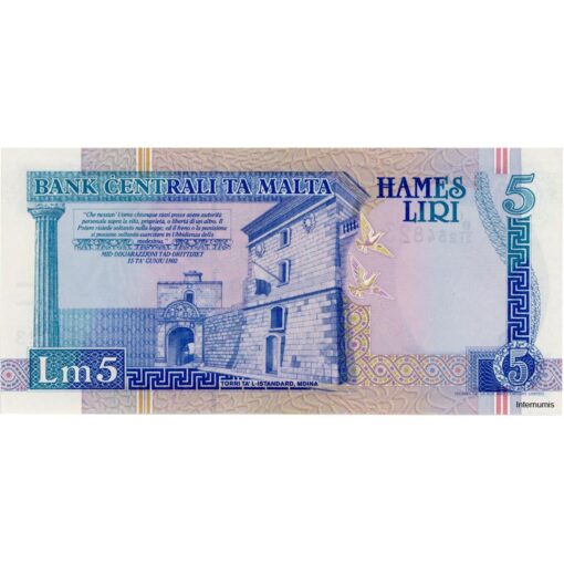 Malta - 5 Liri L.1967 (1994), Us.Francis Vasallo, (P.46b) Erh. XF+ – Bild 2