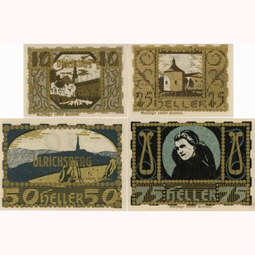 Ulrichsberg(OÖ) - 10,25,50,75 Heller 1920,Ornamentaufdruck in Gold auf Bs.,Aufl.1000 Serien, (KKN.S1091)II)a) Erh. I