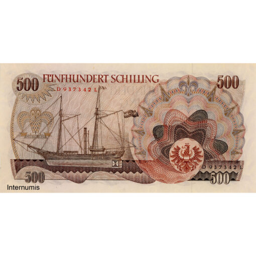 Österr.Nationalbank - 500 Schilling 1.7.1965, Vs.J.Ressel, Rs.Dampfer Civetta 1829, (KK.248a/P.139a/ANK278) Erh. II+ – Bild 2