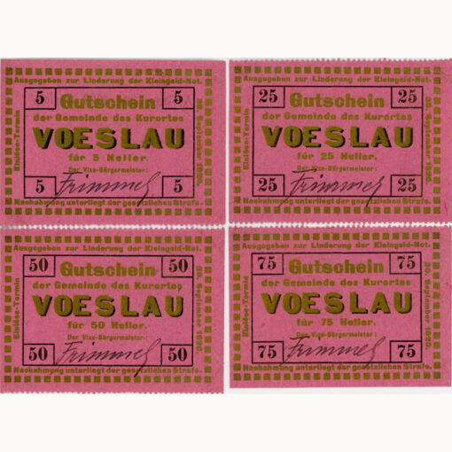 Vöslau(NÖ) - 5,25,50,75 Heller o.D.(-1920), lose, P.rosa, Aufdr.gold, Vs.Uschr., Rs.KN. u Gemst., Aufl.1000, (KKN.S1121)IV)a) Erh. I
