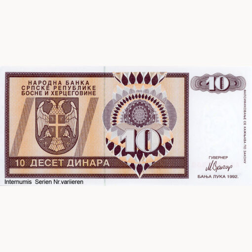 Bosnien-Herzegovina  - 10 Dinara 1992 ,Banja Luka, (P.133a) Erh. UNC – Bild 2