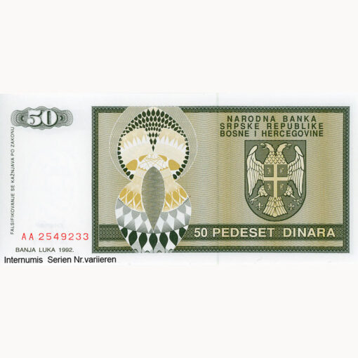 Bosnien-Herzegovina - 50 Dinara 1992,Banja Luka, (P.134a) Erh. UNC – Bild 2