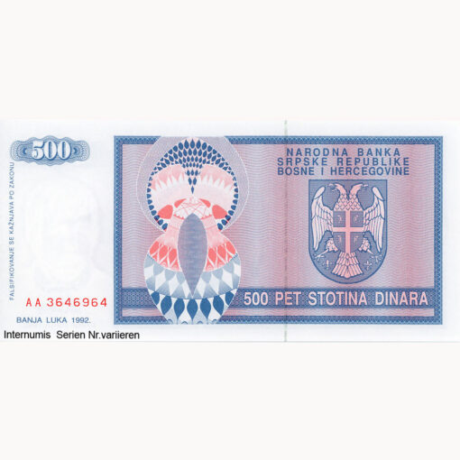 Bosnien-Herzegovina - 500 Dinara 1992,Banja Luka, (P.136a) Erh. UNC – Bild 2