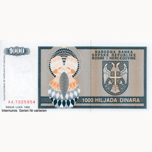 Bosnien-Herzegovina - 1000 Dinara 1992,Banja Luka, (P.137a) Erh. UNC – Bild 2