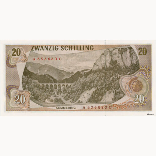Österr.Nationalbank - 20 Schilling 1967, Vs.Carl Ritter .v. Ghega, Rs. Bahnviadukt Semmeringbahn, (KK250/P.142) Erh. I – Bild 2