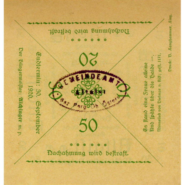 Altaist (OÖ) - 10,20,30,50 Heller o.D.(-1920), Mühlviertler Notgeld 3., Papier gelb, Gmst., Auflage 500, (KKN.S23)II)a) Erh. I- – Bild 2
