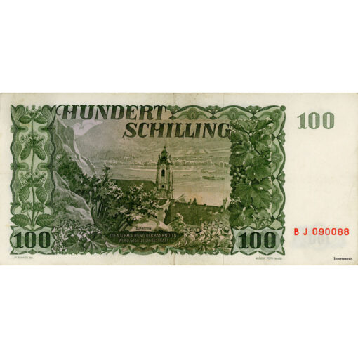 Österr.Nationalbank - 100 Schilling 1954, Vs.Wertzahl hell schraffiert, Vs.F.Grillparzer, Rs.Dürnstein, (KK.241a/P.133) Erh. III – Bild 2