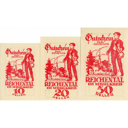 Reichental im Mühlkreis(OÖ) - 10,20,50 Heller o.D., P.weiß , Bs.Dr.rot , Aufl. 300 Stück, Wandersmann, (KKN. S827)IX)b) Erh. I