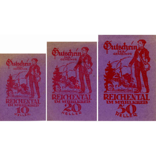 Reichental im Mühlkreis(OÖ) - 10,20,50 Heller o.D. , P.violett , Bs.Dr.rot, Aufl.100 Stk, Wandersmann, (KKN.S827)IX)g) Erh. I