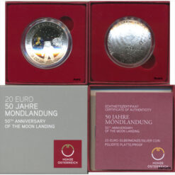 Österreich - 20 Euro 2019, 50 Jahre Mondlandung, (KM.-) Erh. PP/Etui + Zertifikat+Banderole