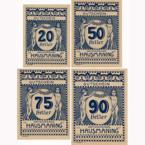 Hausmanning (OÖ) - 20,50, 75, 90 Heller o.D.,(1920), Papier weiß, Dr.Bildseite blau, 300 Serien, (KKN.S357)II)a) Erh. I – Bild 2