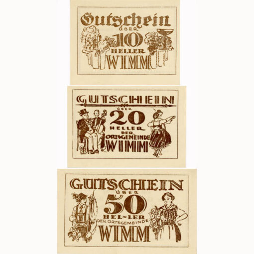 Wimm (OÖ) - 10,20,50 Heller o.D., (-1921), 1.Aufl., 300 Stk., P.weiß, Dr.Bs.braun, (KKN.S1237)I)b) Erh. I
