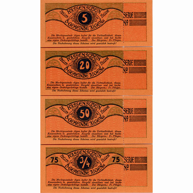 Aigen/OÖ - 5,20,50,75 Heller o.D(-1921), in Kuponform, P.orange, ohne Serien u.KN., (KKN.S12)VI)g) Erh. I