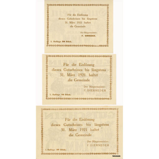 Wimm (OÖ) - 10,20,50 Heller o.D., (-1921), 1.Aufl., 300 Stk., P.weiß, Dr.Bs.braun, (KKN.S1237)I)b) Erh. I – Bild 2