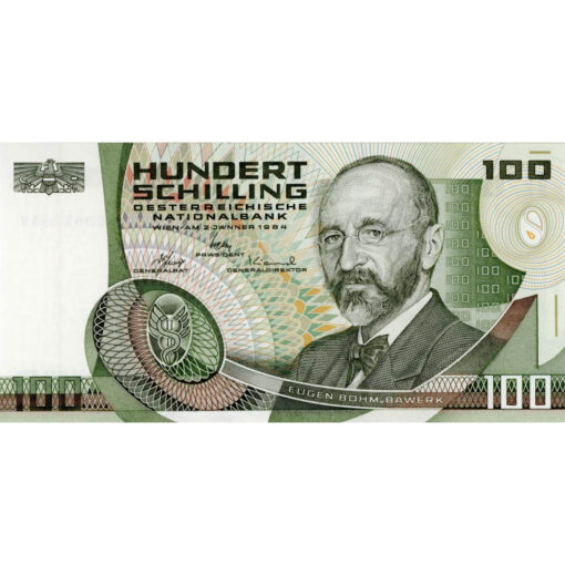 Österr.Nationalbank - 100 Schilling  2.1.1984 , KN. mit 2 Bst. schmal (20mm), Vs. Eugen Böhm von Bawerk , Rs.Akademie der Wissenschaften, (KK.256c / Ank 287 / P.151) Erh. I