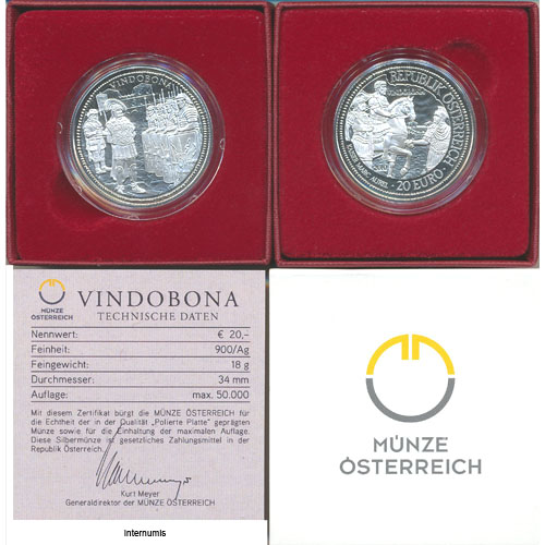 20 Euro 2010, **Vindobona**, (AMK.18) Erh. PP, im Etui mit nummeriertem Zertifikat und Schuber,