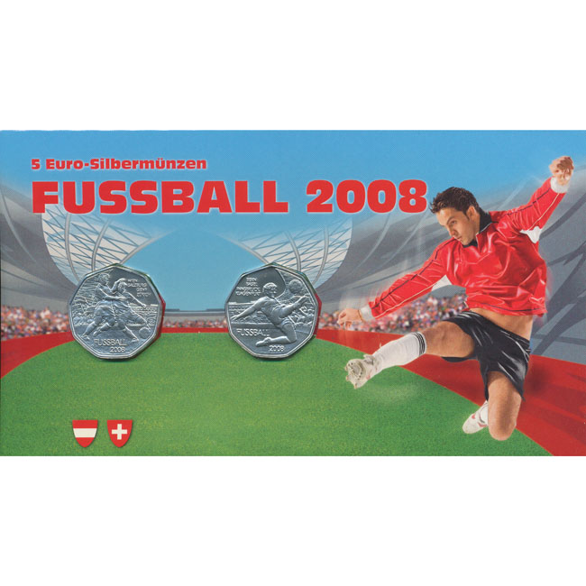 2 x 5 Euro 2008, **Fußball EM 2008**, (ANK. 11a/12a) Erh. hgh./Blister