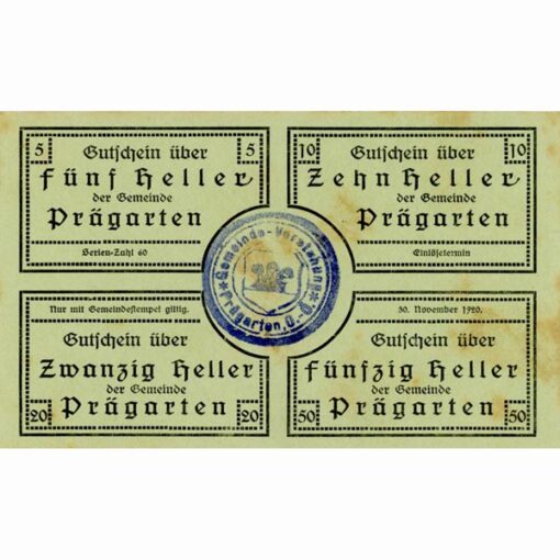 Prägarten(OÖ) - 5,10,20,50 Heller o.Datum auf Lebensmittelkarte, P.grün, mit Gmst., Serien - Zahl 60, Stockflecken, (KKN.S777)IV)g) Erh. I