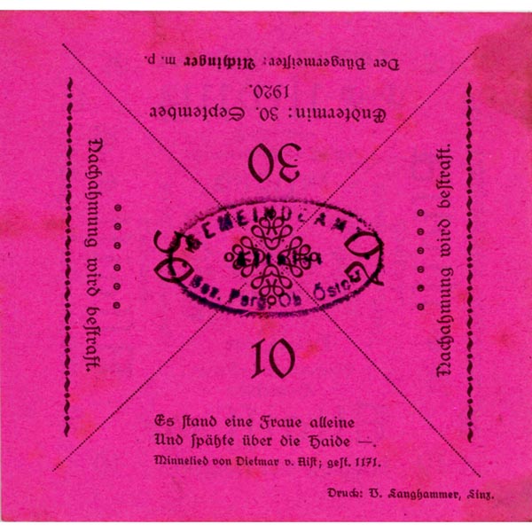 Altaist (OÖ) - 10,20,30,50 Heller o.D.(-1920), Mühlviertler Notgeld 3., Papier rosa, Gmst., Auflage 500, Stockflecken, (KKN.S23)II)c) Erh. II / fleckig – Bild 2