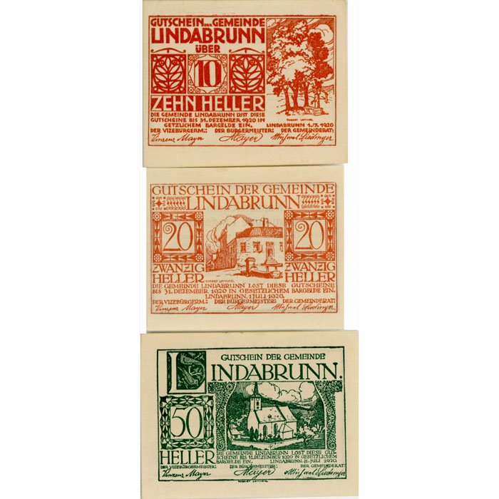 Lindabrunn(NÖ) - 10,20,50 Heller 1920, III. Auflage, Rs.Umrahmung doppelt, fleckig, (KKN.S527)III)c) Erh. I