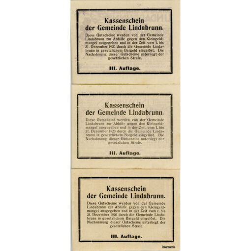 Lindabrunn(NÖ) - 10,20,50 Heller 1920, III. Auflage, Rs.Umrahmung doppelt, fleckig, (KKN.S527)III)d) Erh. I – Bild 2