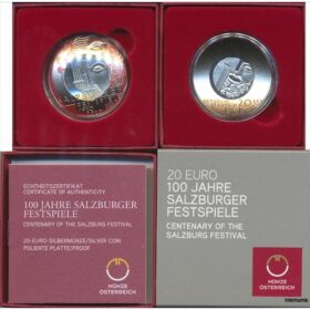 Österreich - 20 Euro 2020, 100 Jahre Salzburger Festspiele, Münze gewölbt, (KM.-) Erh. PP/Etui + Zertifikat+Banderole
