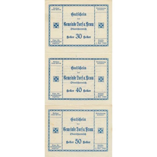Dorf an der Pram(OÖ) - 30,40,50 Heller o.D., P.weiß, Dr.bds.blau, Gmst.Typ2, Aufl.1000 Serien, Stockflecken, (KKN.S129)II)b) Erh. I – Bild 2